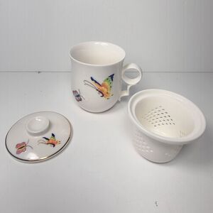 Teavana Mug Porcelain Tea Cup Infuser 3 pc Enchanted Butterflies embossed